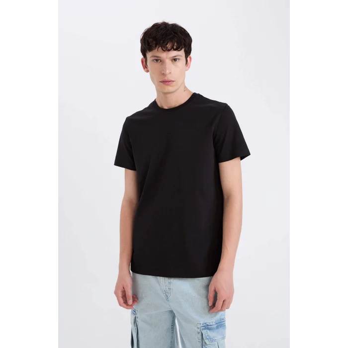 Defacto D5566AXBK81 Siyah %100 Pamuk Slim Fit Dar Kesim Bisiklet Yaka Baskılı Kısa Kollu Tişört