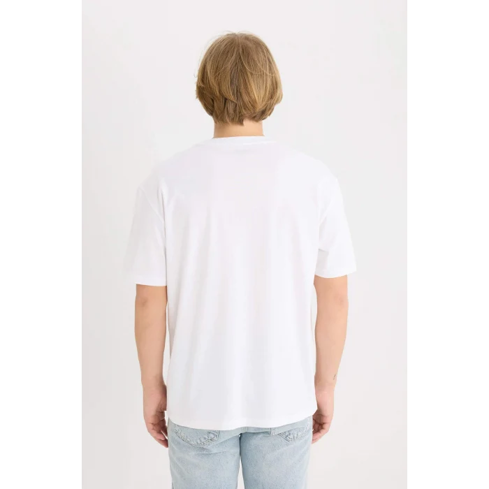 Defacto D5568AXWT34 Beyaz %100 Pamuk Boxy Fit Bisiklet Yaka Baskılı Kısa Kollu Tişört