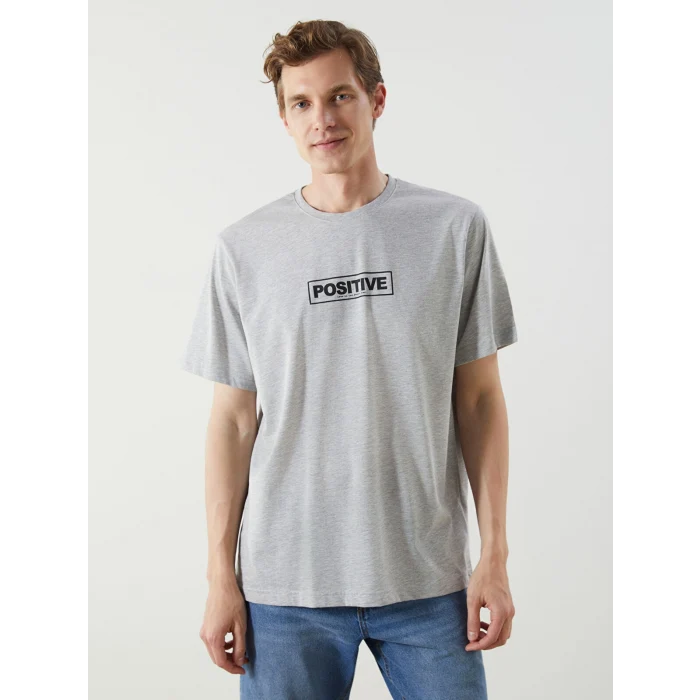 LCWAIKIKI Classic Gri Bisiklet Yaka Baskılı Penye Erkek Tişört