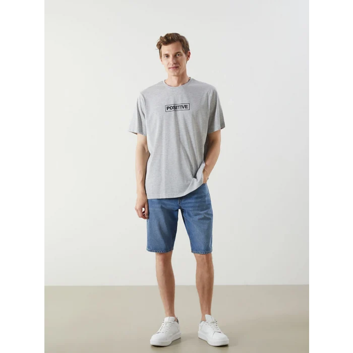 LCWAIKIKI Classic Gri Bisiklet Yaka Baskılı Penye Erkek Tişört