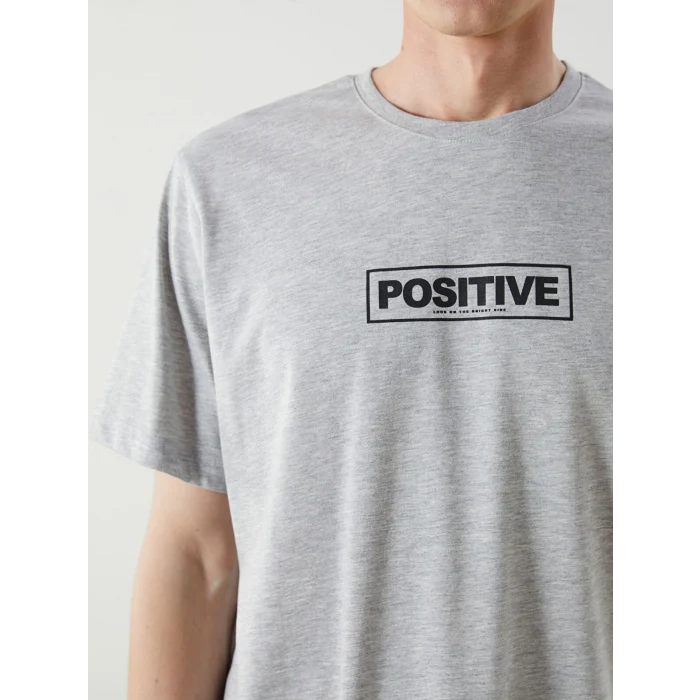 LCWAIKIKI Classic Gri Bisiklet Yaka Baskılı Penye Erkek Tişört