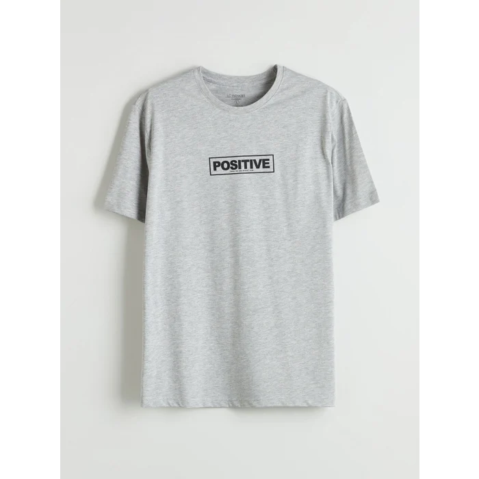 LCWAIKIKI Classic Gri Bisiklet Yaka Baskılı Penye Erkek Tişört