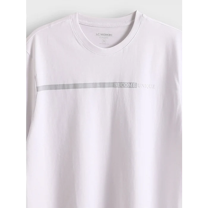 LCWAIKIKI Classic Beyaz Bisiklet Yaka Baskılı Erkek Tişört