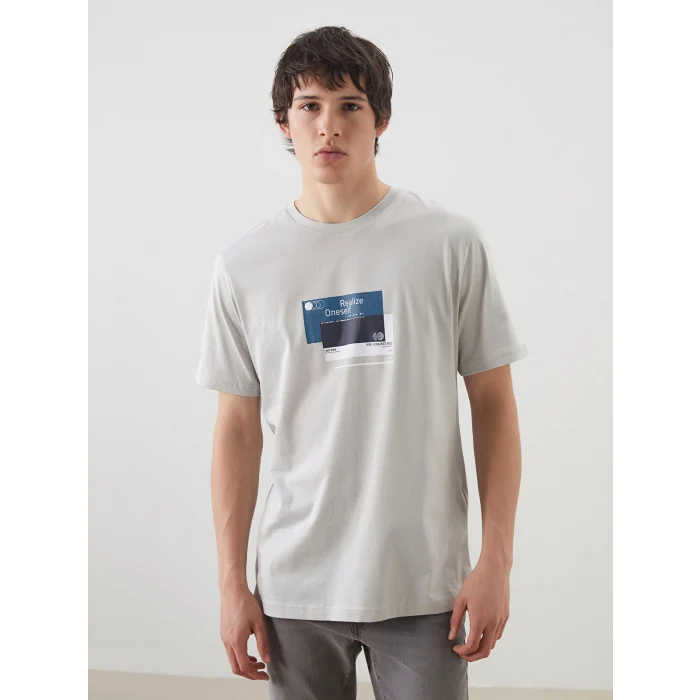 XSIDE Gri Bisiklet Yaka Baskılı Penye Erkek Tişört