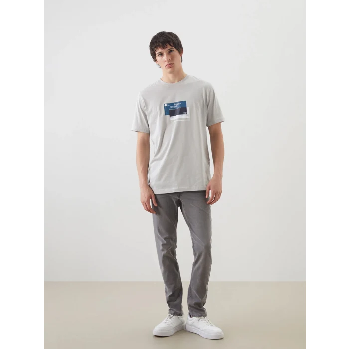 XSIDE Gri Bisiklet Yaka Baskılı Penye Erkek Tişört