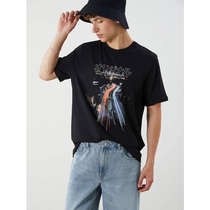 LCWAIKIKI Classic Siyah Bisiklet Yaka Baskılı Penye Erkek Tişört