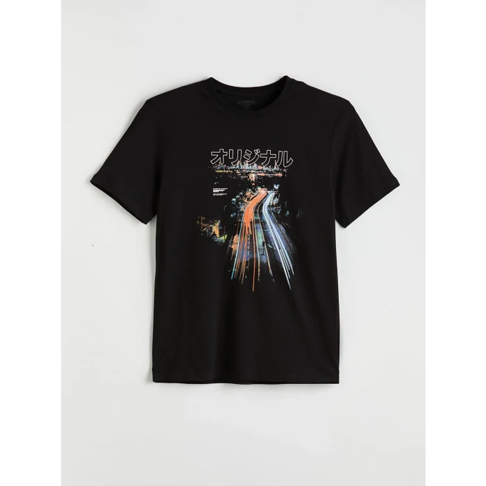 LCWAIKIKI Classic Siyah Bisiklet Yaka Baskılı Penye Erkek Tişört