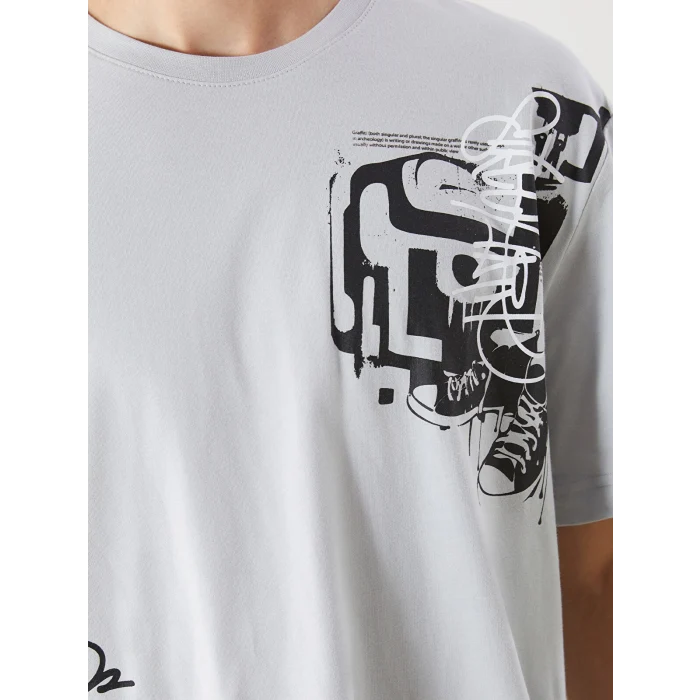 LCW Casual Gri Bisiklet Yaka Baskılı Penye Erkek Tişört