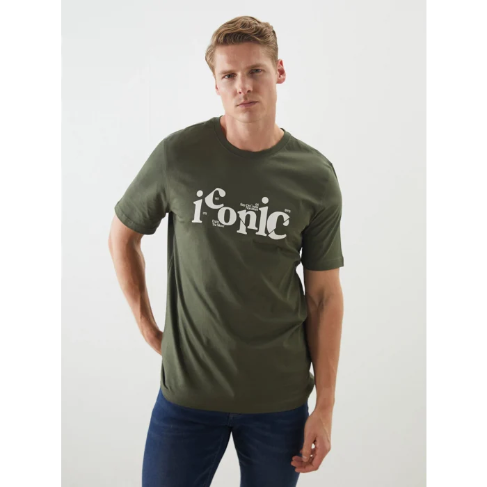 LCWAIKIKI Classic Haki Bisiklet Yaka Baskılı Penye Erkek Tişört