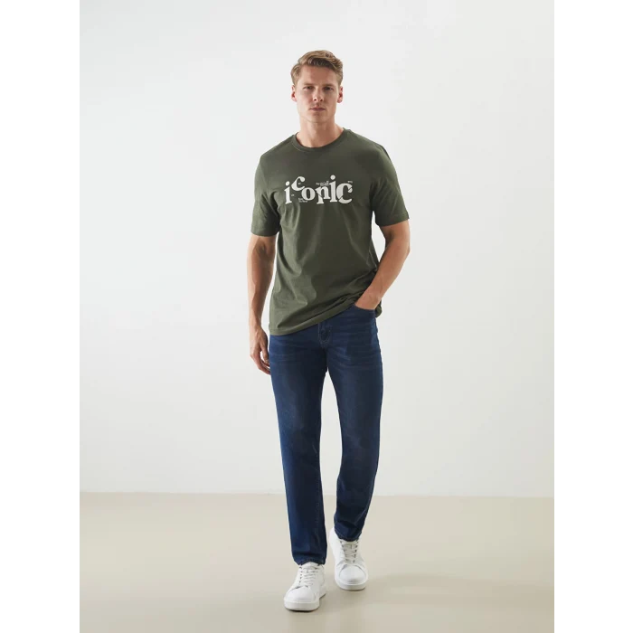 LCWAIKIKI Classic Haki Bisiklet Yaka Baskılı Penye Erkek Tişört