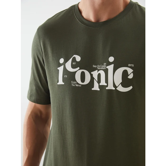 LCWAIKIKI Classic Haki Bisiklet Yaka Baskılı Penye Erkek Tişört