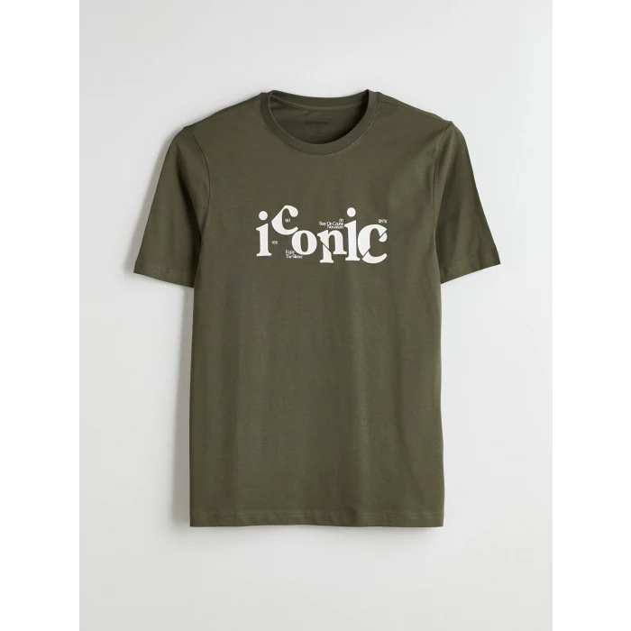 LCWAIKIKI Classic Haki Bisiklet Yaka Baskılı Penye Erkek Tişört