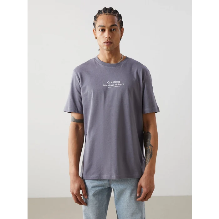 XSIDE Gri Bisiklet Yaka Kısa Kollu Baskılı Penye Erkek Tişört