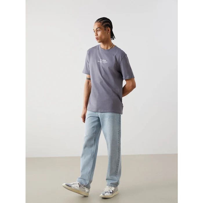 XSIDE Gri Bisiklet Yaka Kısa Kollu Baskılı Penye Erkek Tişört