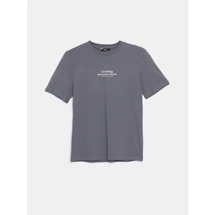 XSIDE Gri Bisiklet Yaka Kısa Kollu Baskılı Penye Erkek Tişört