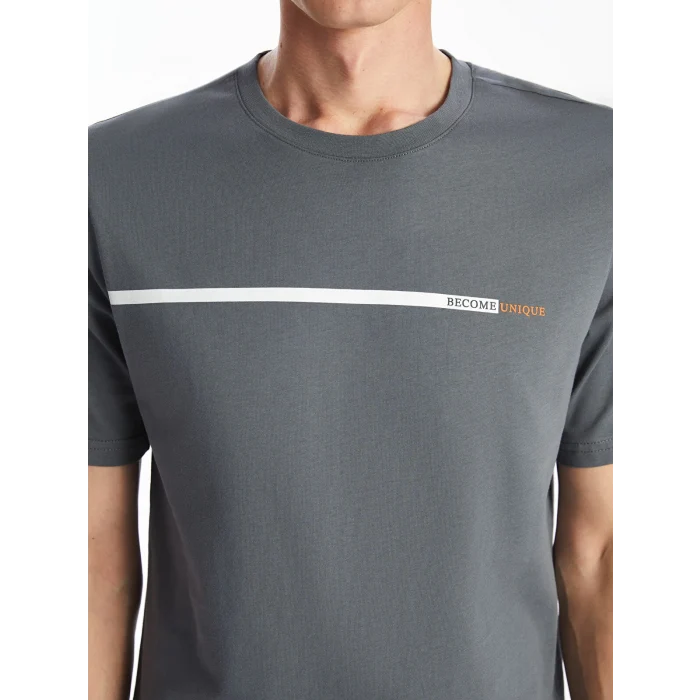 LCWAIKIKI Classic Gri Bisiklet Yaka Kısa Kollu Baskılı Penye Erkek Tişört