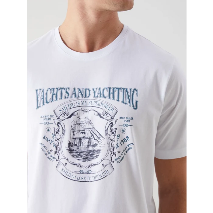 LCWAIKIKI Classic Beyaz Bisiklet Yaka Baskılı Penye Erkek Tişört