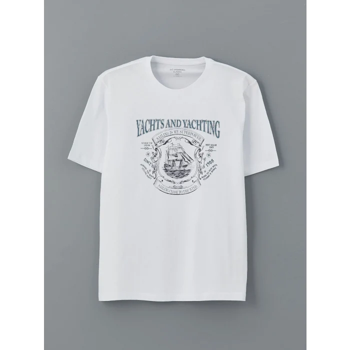 LCWAIKIKI Classic Beyaz Bisiklet Yaka Baskılı Penye Erkek Tişört