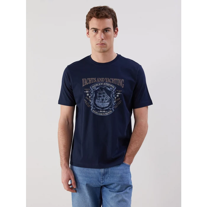 LCWAIKIKI Classic Lacivert Bisiklet Yaka Baskılı Penye Erkek Tişört