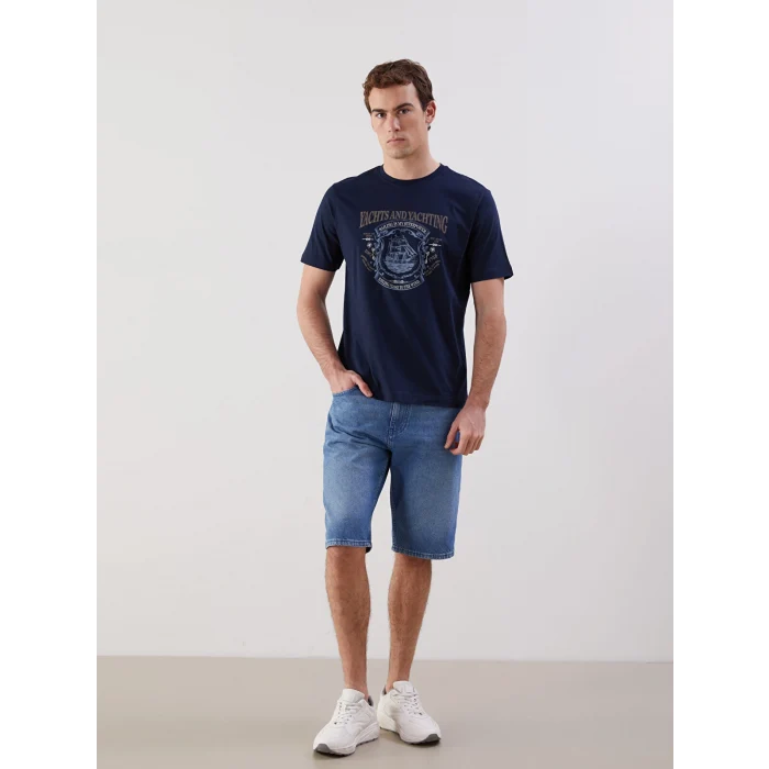 LCWAIKIKI Classic Lacivert Bisiklet Yaka Baskılı Penye Erkek Tişört