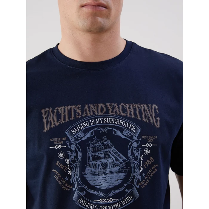 LCWAIKIKI Classic Lacivert Bisiklet Yaka Baskılı Penye Erkek Tişört