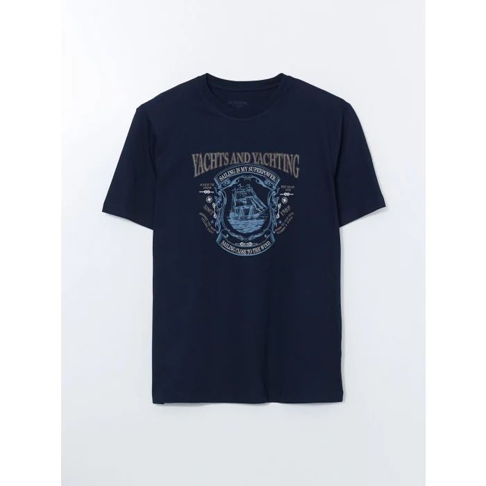 LCWAIKIKI Classic Lacivert Bisiklet Yaka Baskılı Penye Erkek Tişört