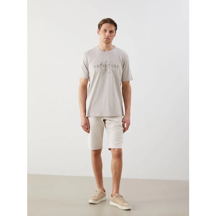 LCWAIKIKI Classic Bej Bisiklet Yaka Baskılı Penye Erkek Tişört