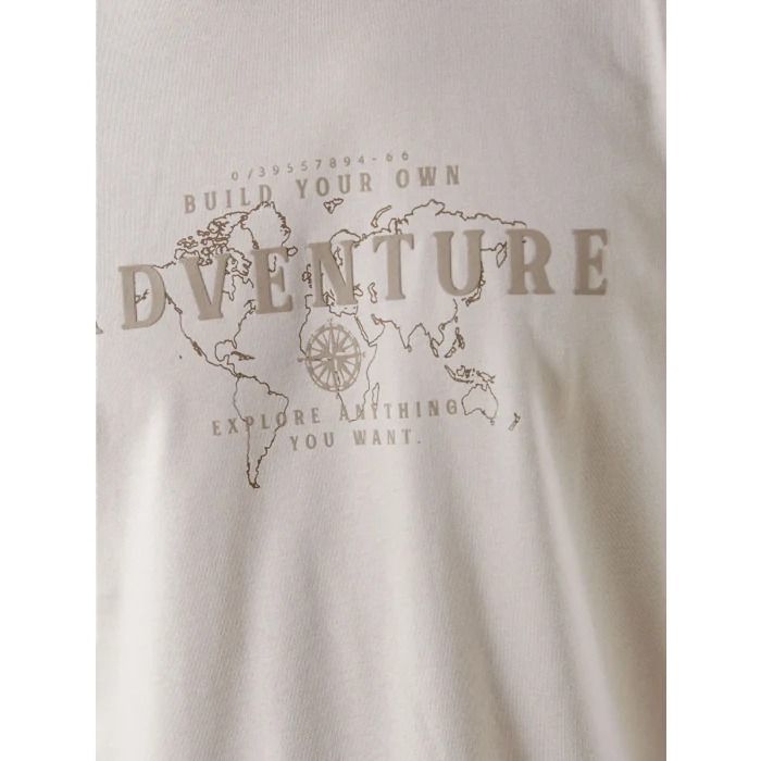 LCWAIKIKI Classic Bej Bisiklet Yaka Baskılı Penye Erkek Tişört