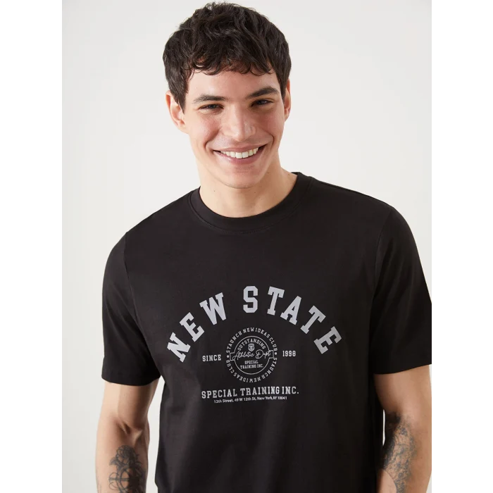 XSIDE Siyah Bisiklet Yaka Baskılı Penye Erkek Tişört