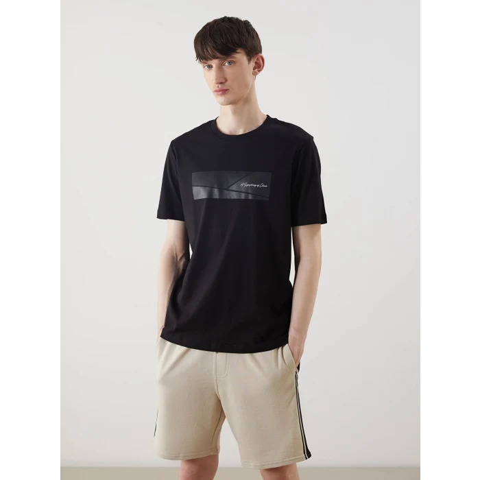 XSIDE Siyah Bisiklet Yaka Kısa Kollu Baskılı Penye Erkek Tişört