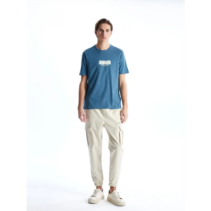 XSIDE Petrol Bisiklet Yaka Baskılı Penye Erkek Tişört