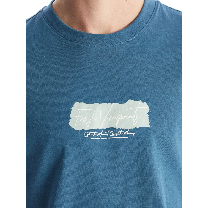 XSIDE Petrol Bisiklet Yaka Baskılı Penye Erkek Tişört