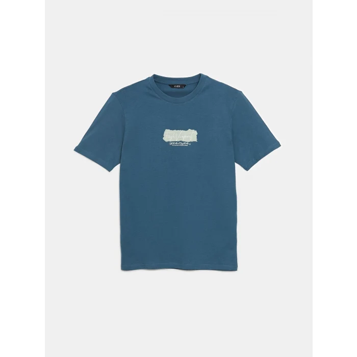 XSIDE Petrol Bisiklet Yaka Baskılı Penye Erkek Tişört