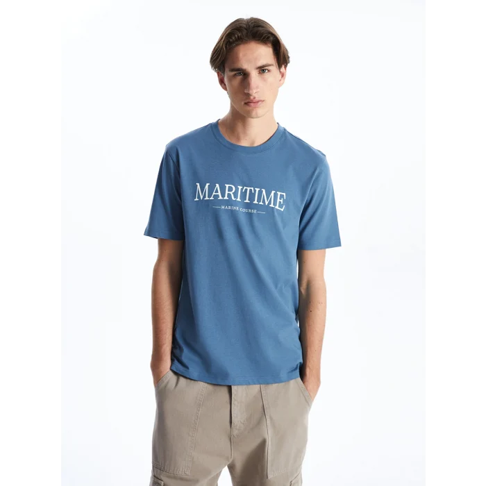 XSIDE Mavi Bisiklet Yaka Baskılı Erkek Tişört