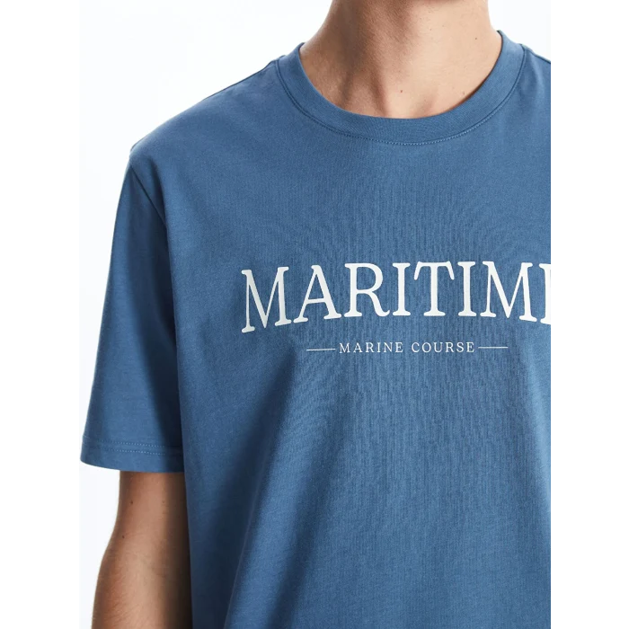 XSIDE Mavi Bisiklet Yaka Baskılı Erkek Tişört