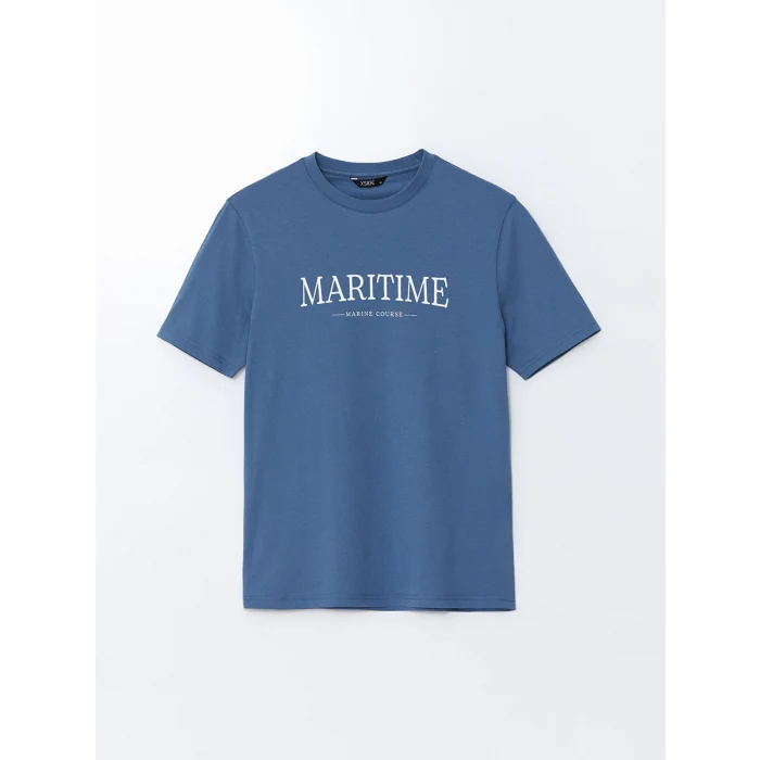 XSIDE Mavi Bisiklet Yaka Baskılı Erkek Tişört