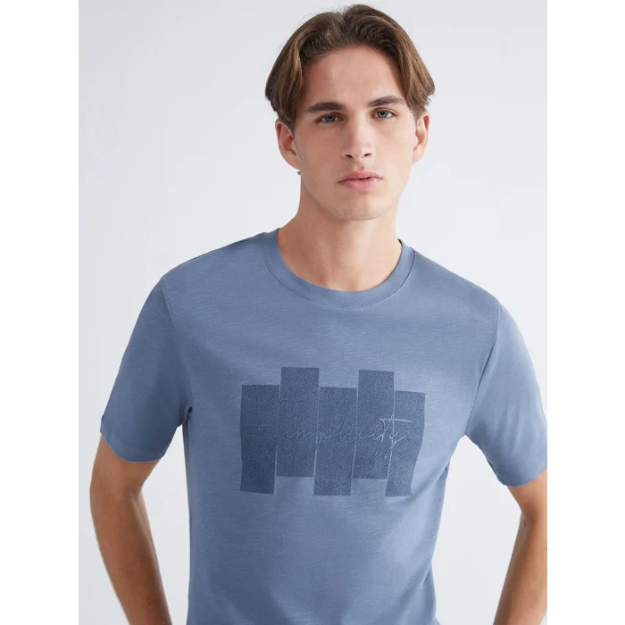 XSIDE Mavi Bisiklet Yaka Baskılı Penye Erkek Tişört