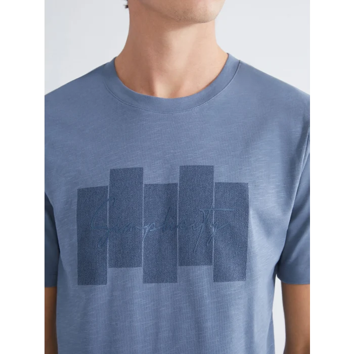 XSIDE Mavi Bisiklet Yaka Baskılı Penye Erkek Tişört