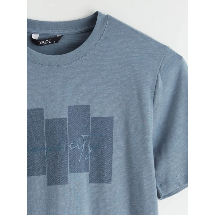 XSIDE Mavi Bisiklet Yaka Baskılı Penye Erkek Tişört