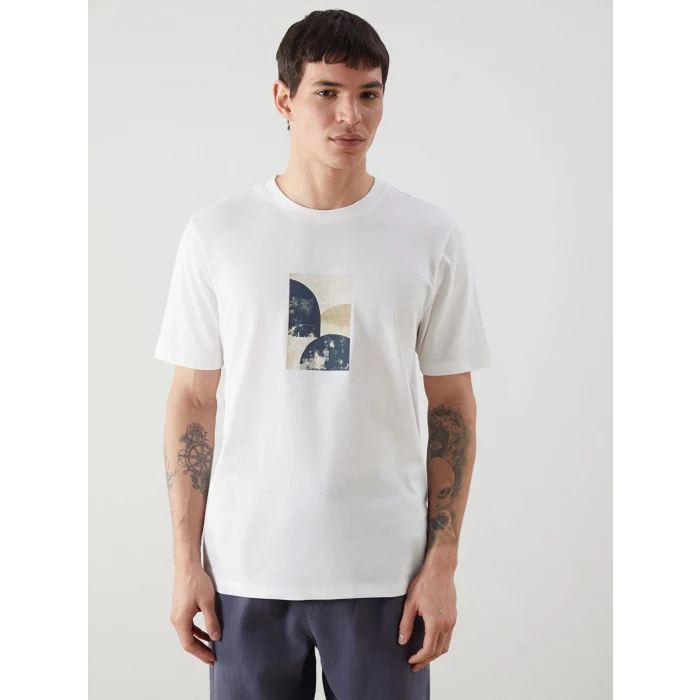 XSIDE Ekru Bisiklet Yaka Baskılı Penye Erkek Tişört