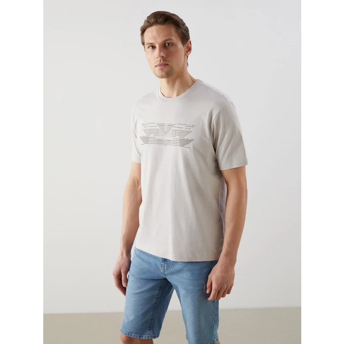 LCWAIKIKI Classic Bej Bisiklet Yaka Baskılı Penye Erkek Tişört