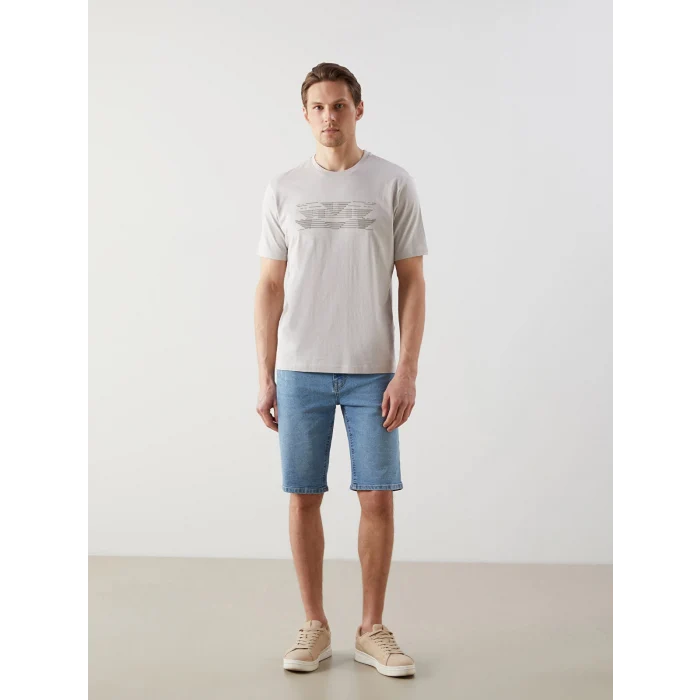 LCWAIKIKI Classic Bej Bisiklet Yaka Baskılı Penye Erkek Tişört