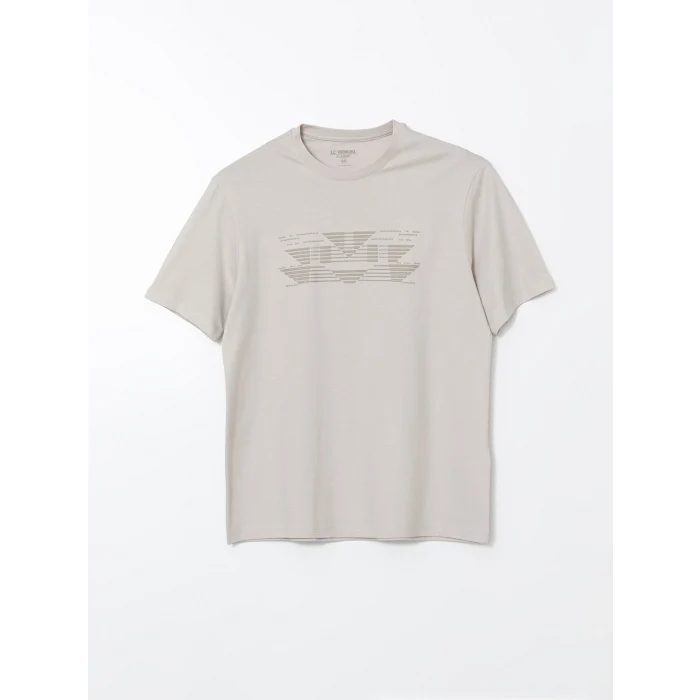 LCWAIKIKI Classic Bej Bisiklet Yaka Baskılı Penye Erkek Tişört