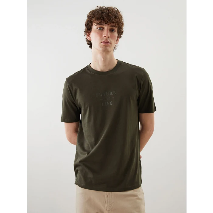 XSIDE Haki Bisiklet Yaka Baskılı Penye Erkek Tişört