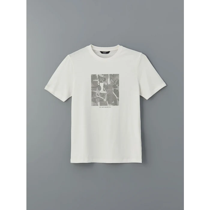 XSIDE Ekru Bisiklet Yaka Baskılı Erkek Tişört