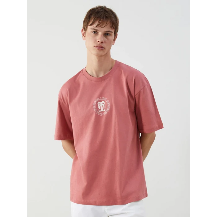 XSIDE Pembe Bisiklet Yaka Baskılı Penye Erkek Tişört