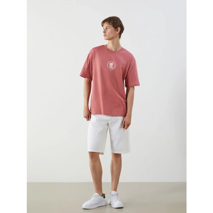 XSIDE Pembe Bisiklet Yaka Baskılı Penye Erkek Tişört