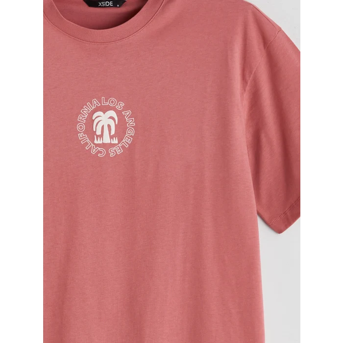 XSIDE Pembe Bisiklet Yaka Baskılı Penye Erkek Tişört