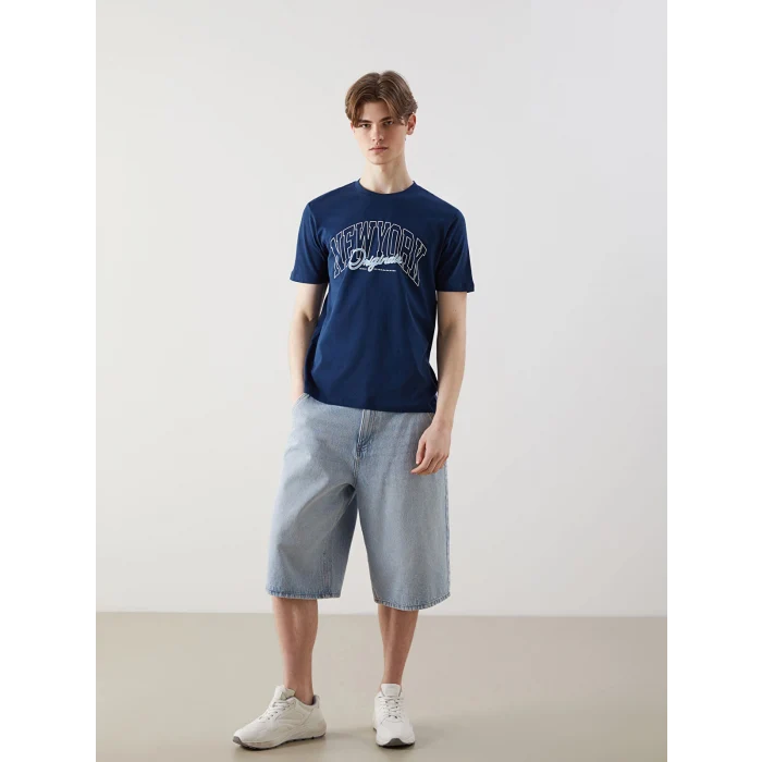 XSIDE İndigo Bisiklet Yaka New York Baskılı Penye Erkek Tişört