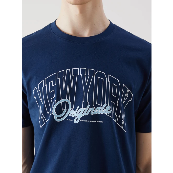 XSIDE İndigo Bisiklet Yaka New York Baskılı Penye Erkek Tişört